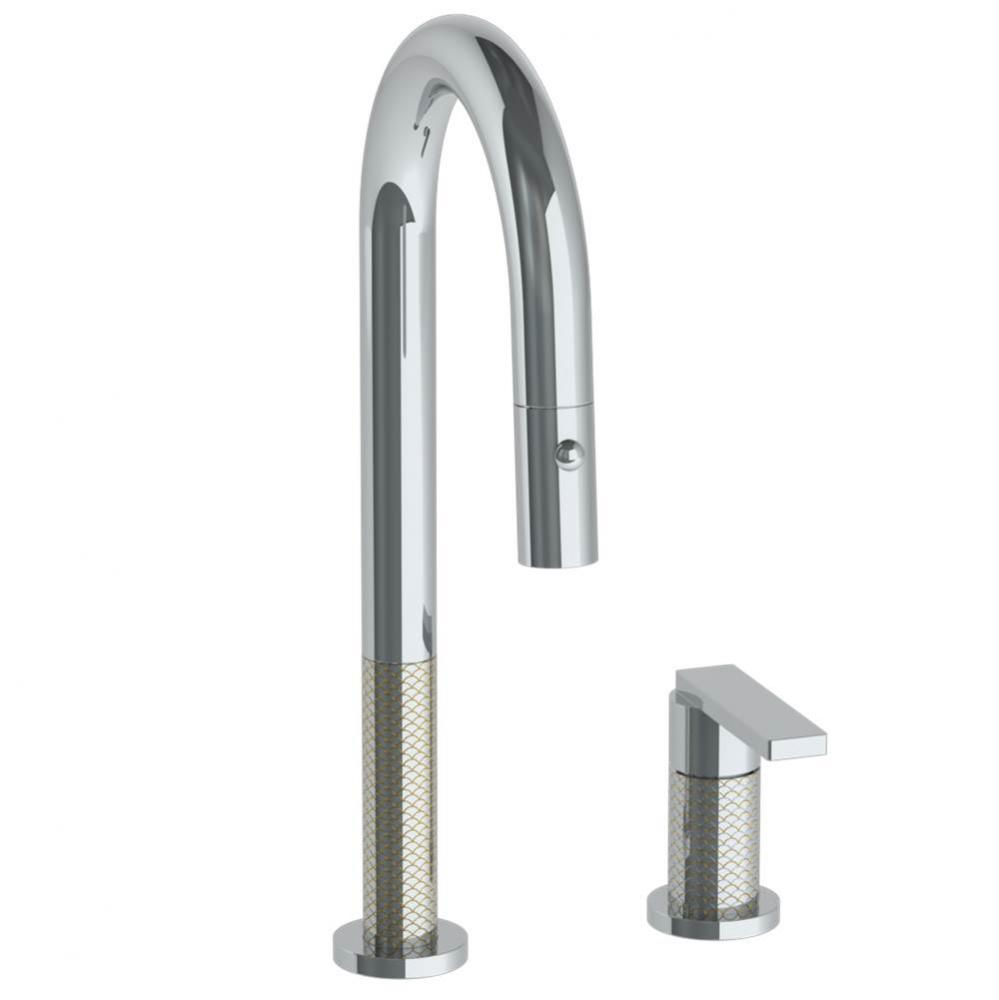 Deck Mounted 2 Hole Gooseneck Prep Faucet with Pull Down Spray