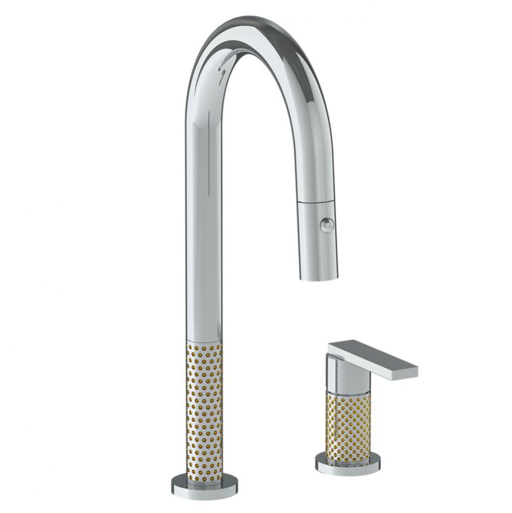 Deck Mounted 2 Hole Gooseneck Prep Faucet with Pull Down Spray