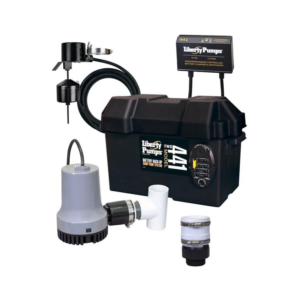 Battery back-up emergency sump pump system, 12V, with alarm