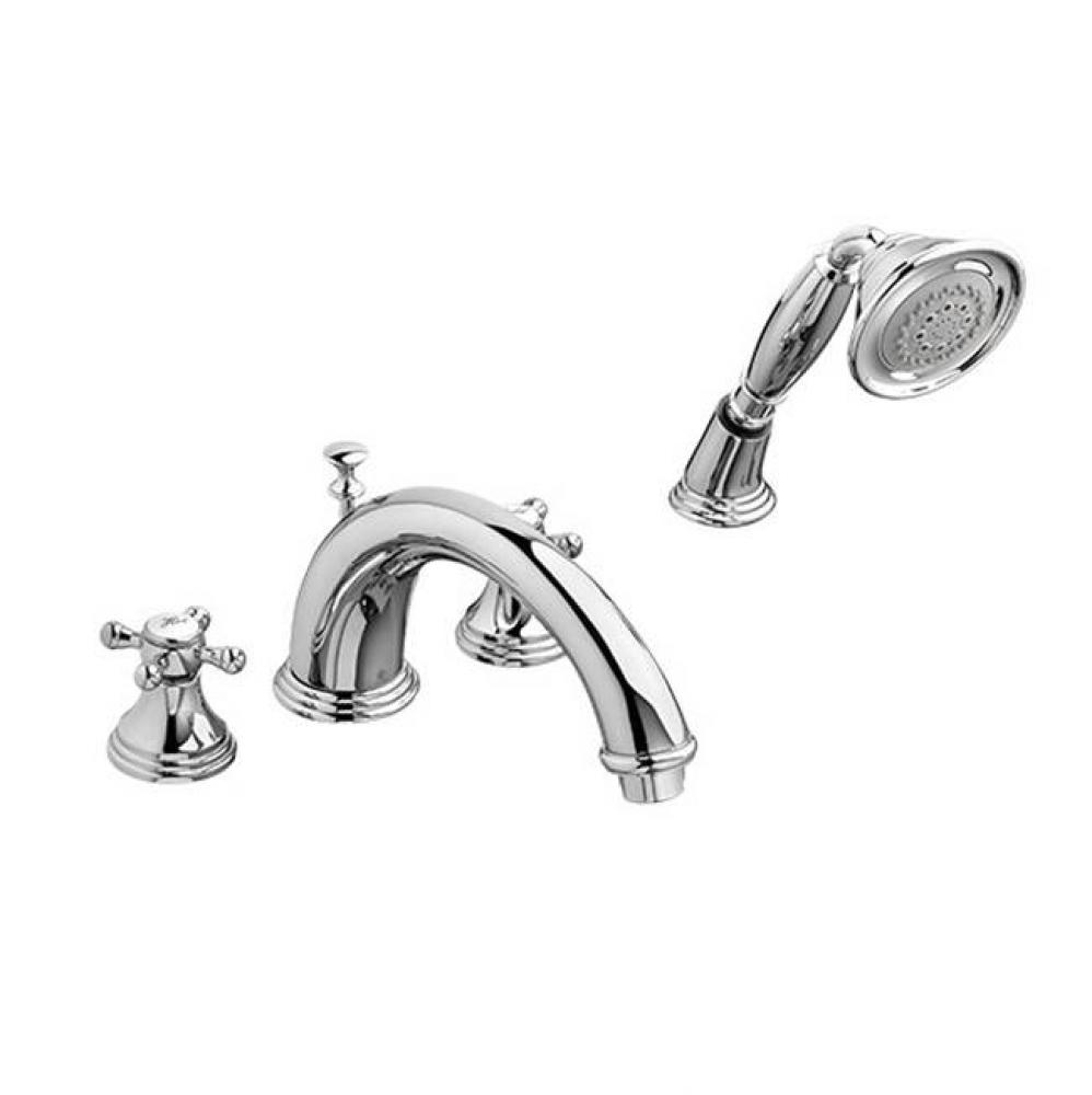 Deck Mount Tub Filler with Hand Shower and Cross Handles
