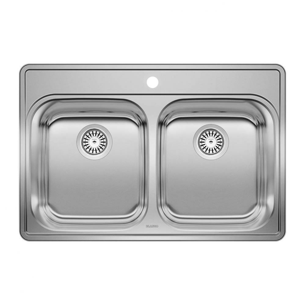 Essential 31'' 50/50 Double Bowl Drop-In Stainless Steel Kitchen Sink - 1 Hole