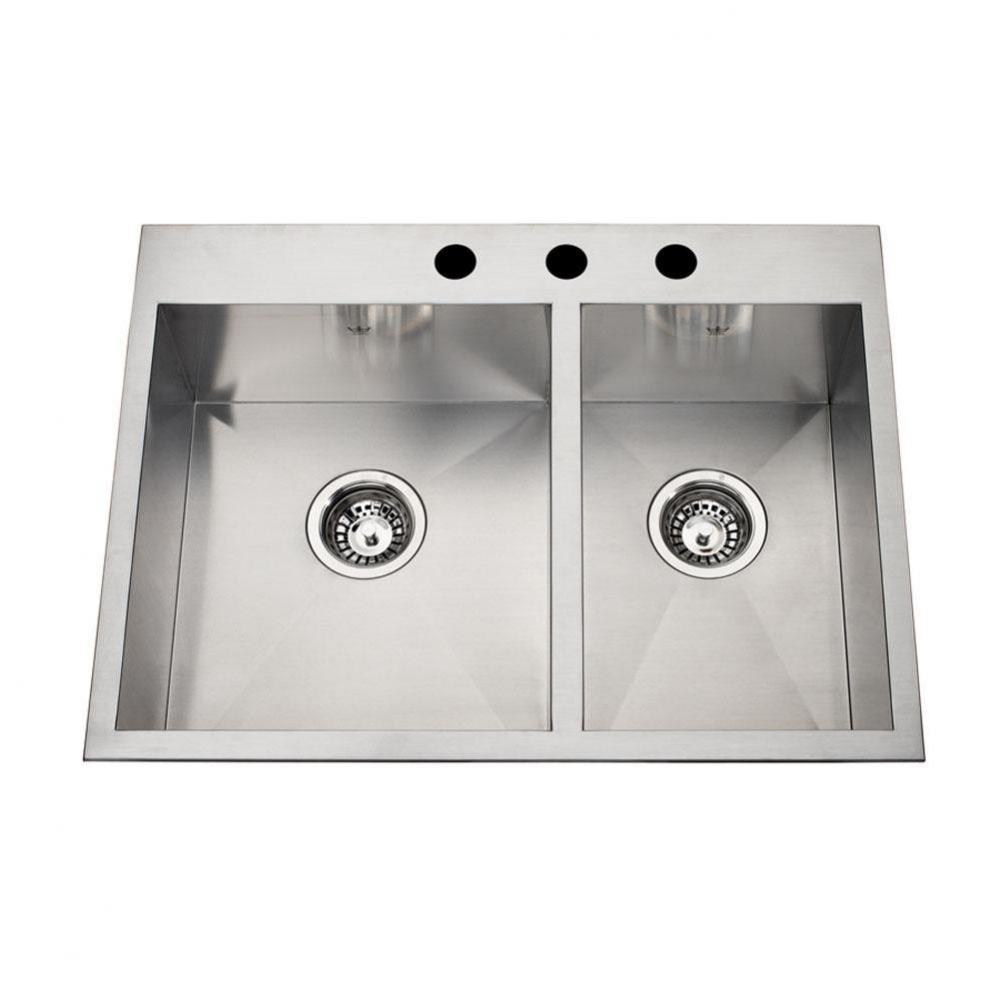 20 gauge hand fabricated dual mount two bowl ledgeback sink, small bowl right, 3 faucet holes
