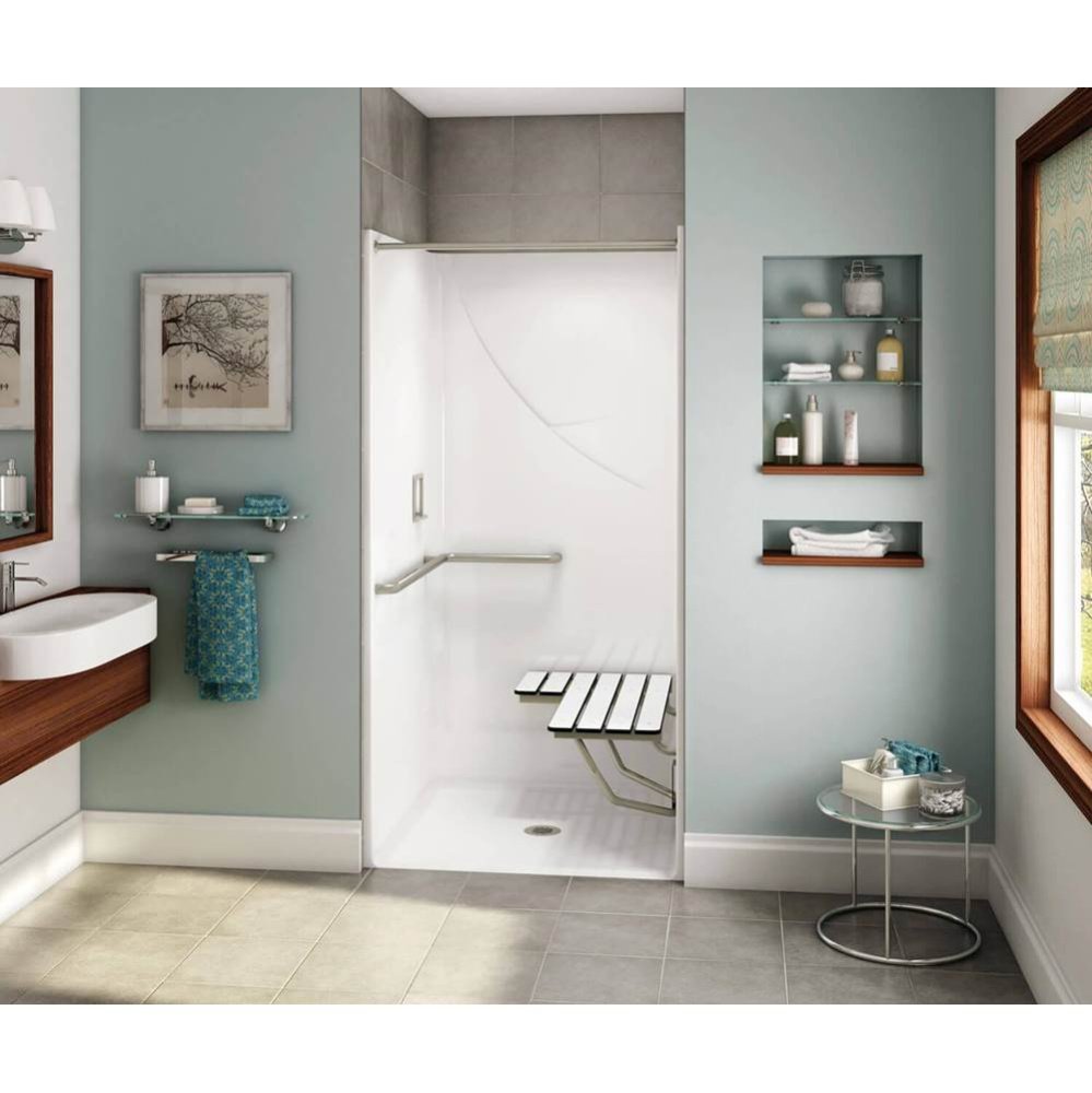 OPS-3636 AcrylX Alcove Center Drain One-Piece Shower in Bone - L-shaped Grab Bar and Seat