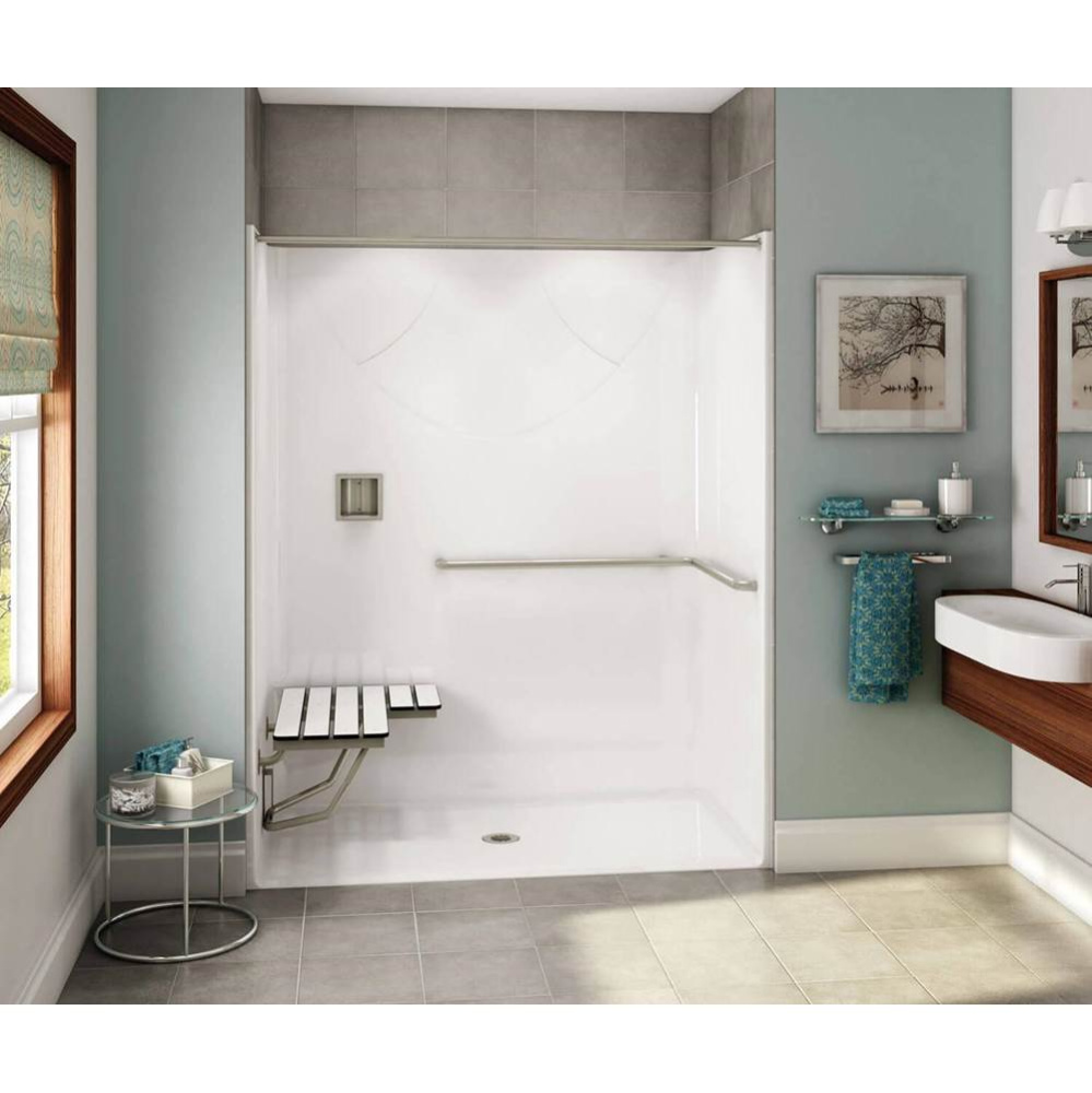 OPS-6030-RS AcrylX Alcove Center Drain One-Piece Shower in Biscuit - ADA Grab Bar and Seat