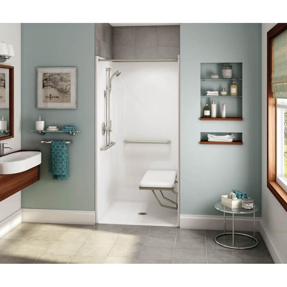 OPS-3636-RS AcrylX Alcove Center Drain One-Piece Shower in Biscuit - with MASS grab bar and seat
