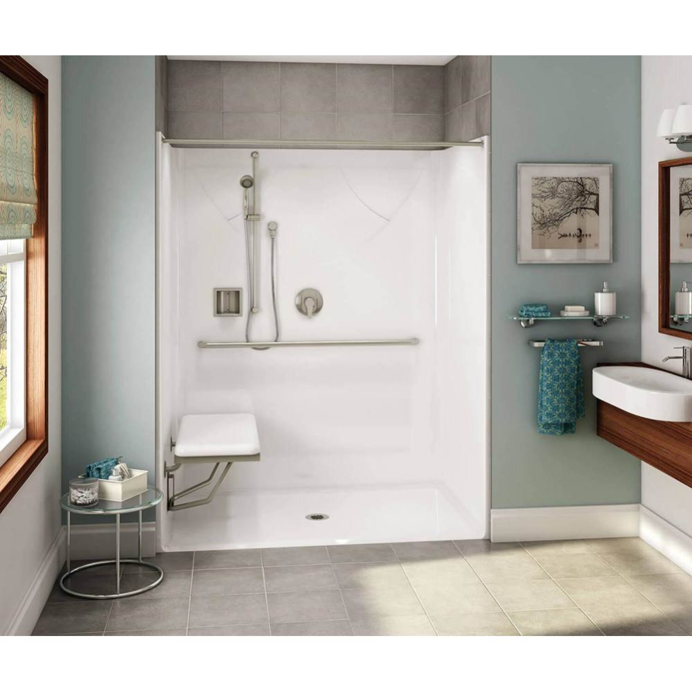 OPS-6036-RS AcrylX Alcove Center Drain One-Piece Shower in Thunder Grey - MASS Grab Bar and Seat