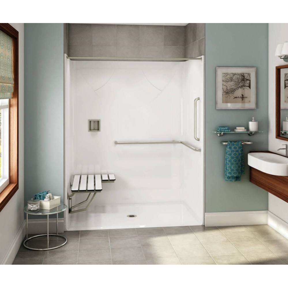 OPS-6036-RS AcrylX Alcove Center Drain One-Piece Shower in Biscuit - ANSI Grab Bar and seat