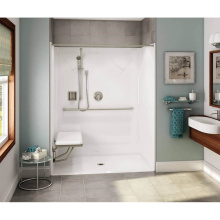 Aker 141369-R-000-007 - OPS-6036-RS AcrylX Alcove Center Drain One-Piece Shower in Biscuit - MASS Grab Bar and Seat