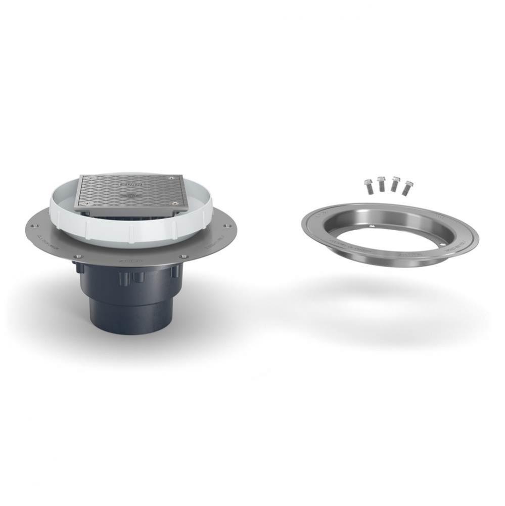 EZC2 PVC Cleanout w/5'' Sq SS Head, SS Dck Plate, CC, 2''X3'' Outlet