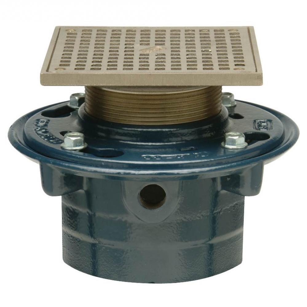 CI Floor Drain w/ 6'' Sq NI Adj Strainer w/ Secured Heel Proof Grate