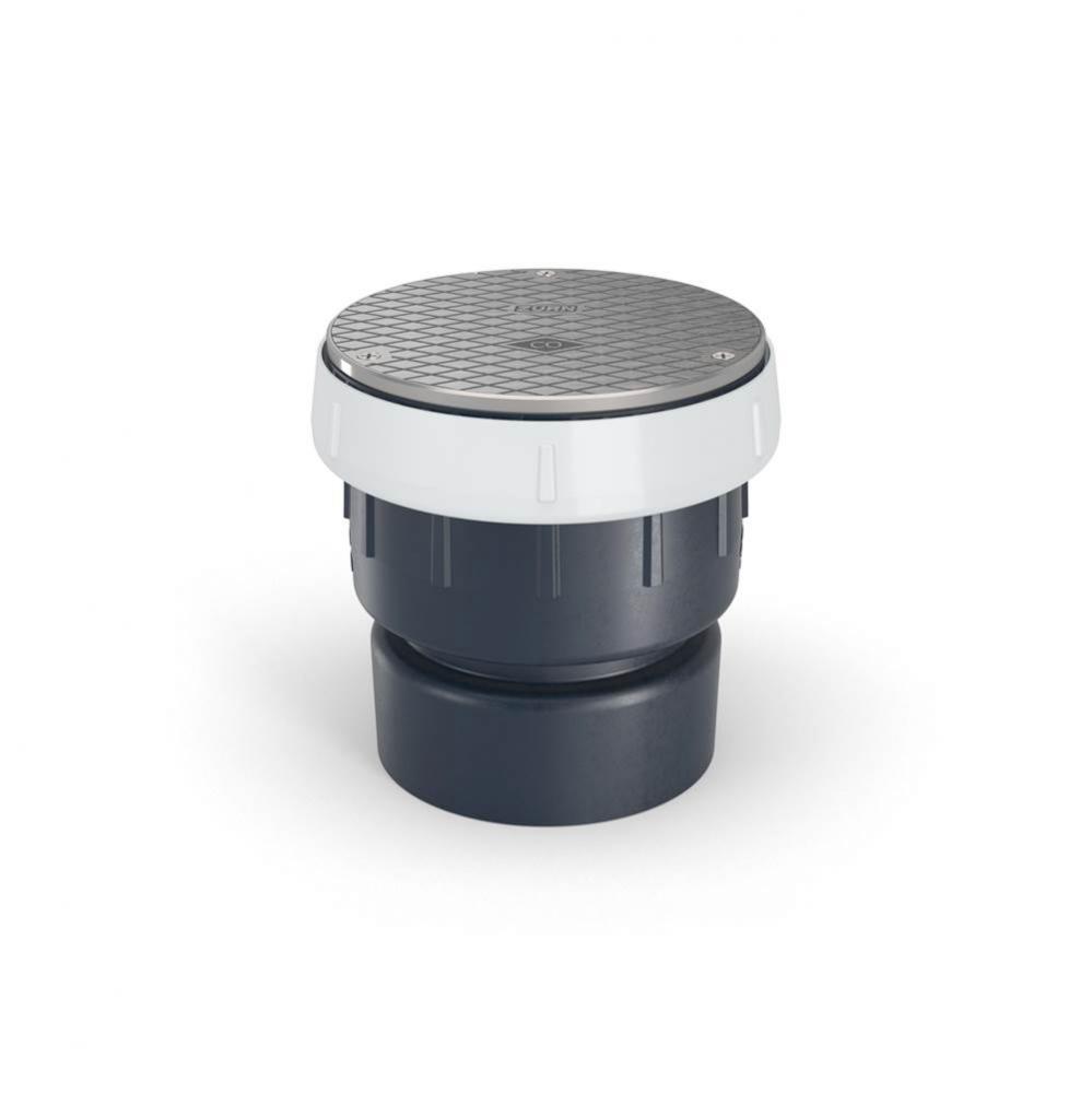 ABS Floor Drain Cleanout ? 5-inch Square Stainless-Steel Cover with 2-inch x 3-inch Solvent Weld O