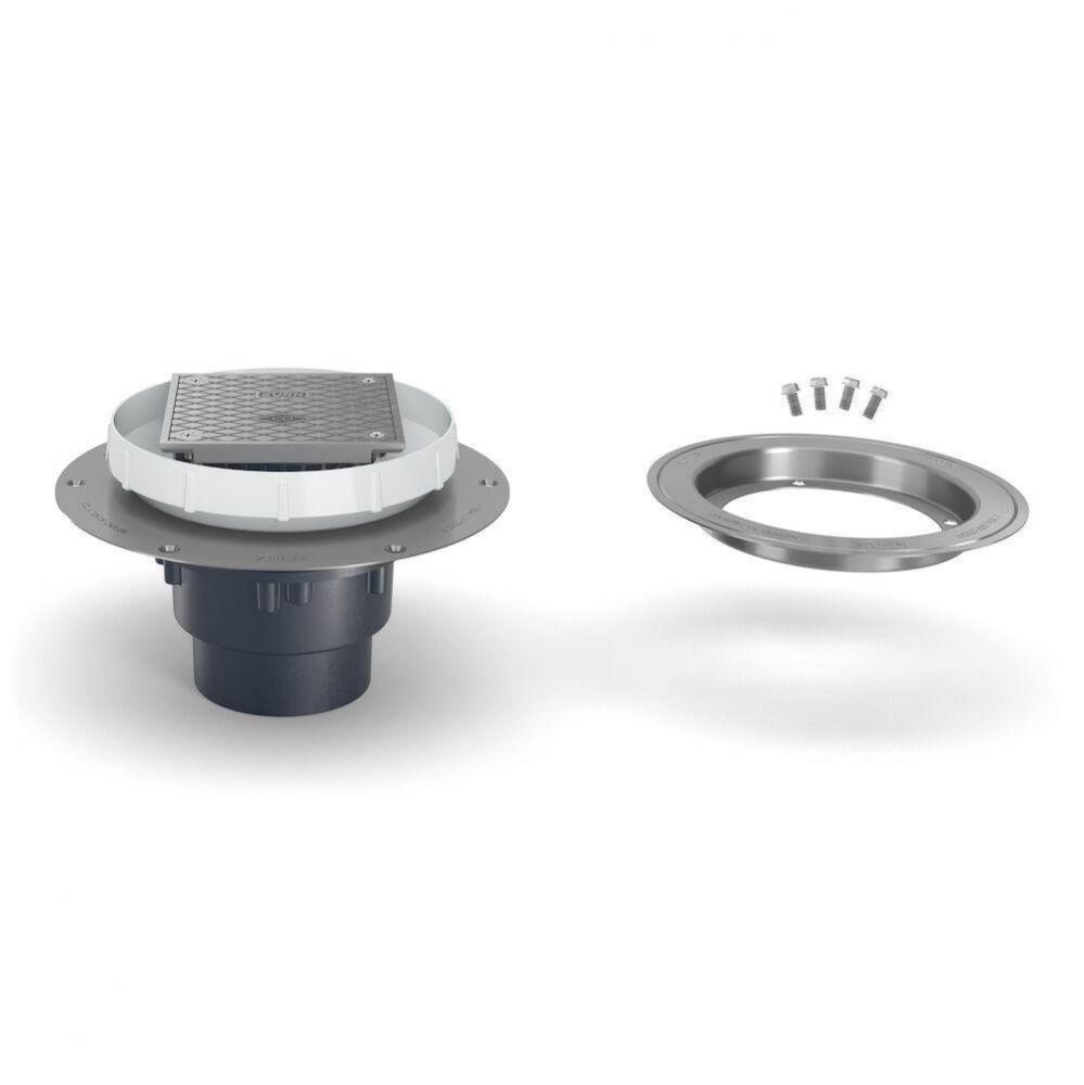 EZC2 PVC Cleanout w/5'' Sq NB Head, SS Dck Plate, CC, 3''X4'' Outlet