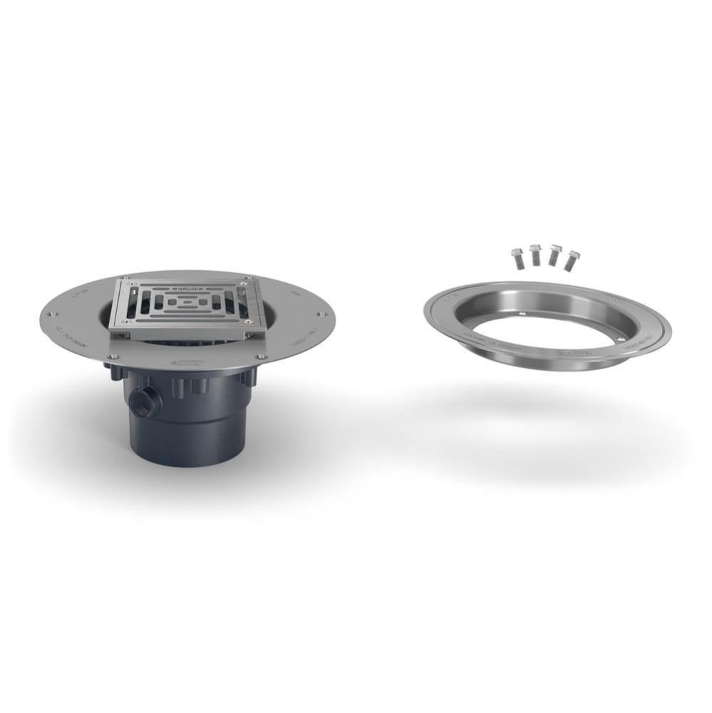 FD2 PVC Drain w/5'' Sq SS Head, SS Dck Plate, CC, and 2''X3'' Outlet