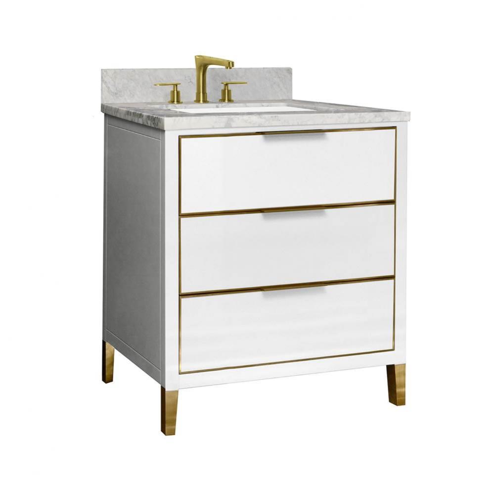 Muse Vanity Cabinet 30-in, Matte White with Satin Brass