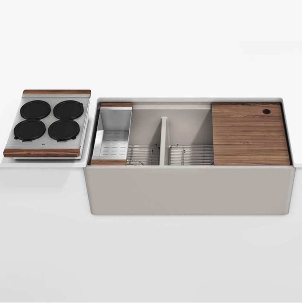 Fira und. flat apronfront set, Double unequal bowl, Walnut acc. 36X19X11-1/2, Matte Taupe