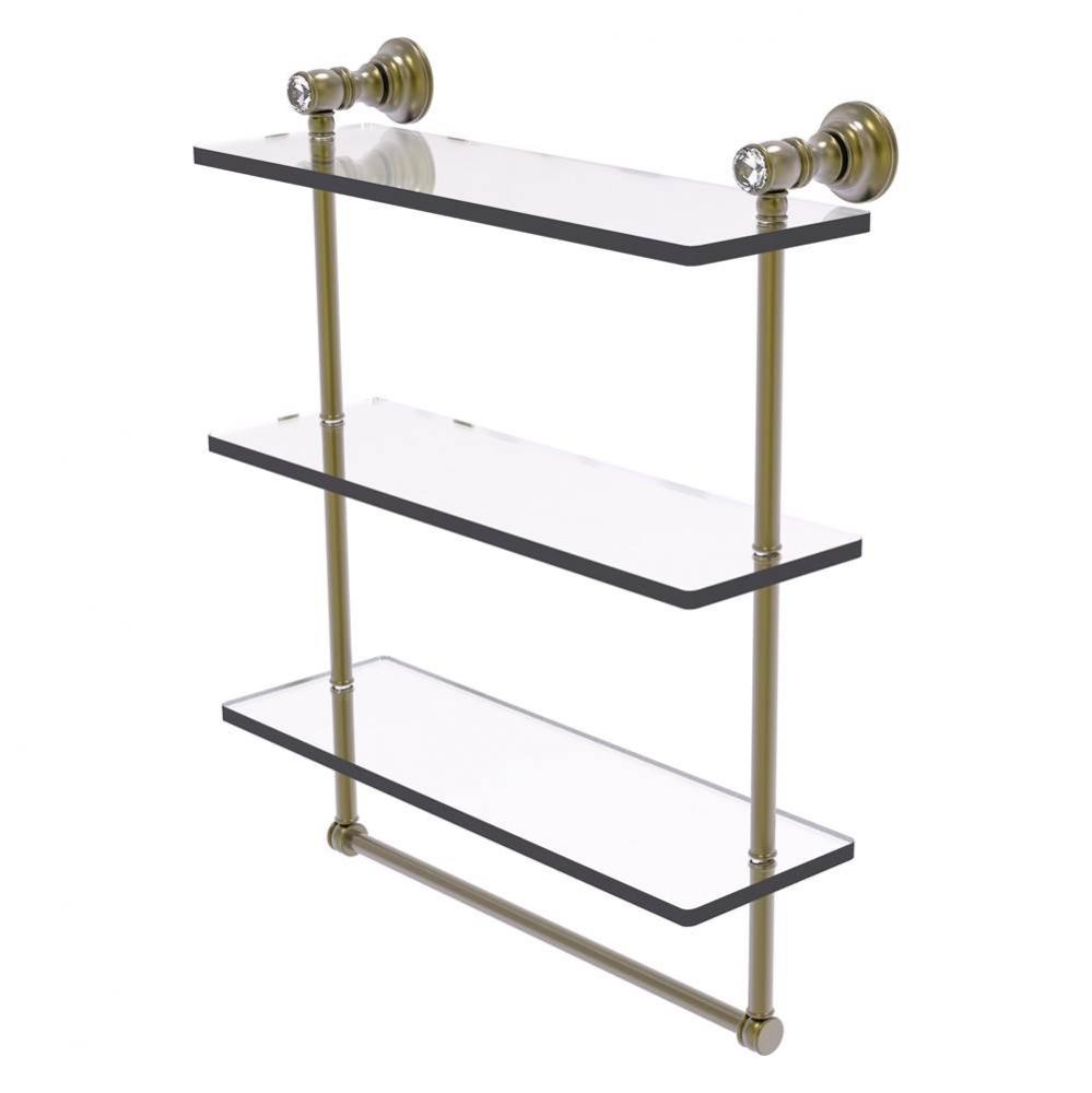 Carolina Crystal Collection 16 Inch Triple Glass Shelf with Towel Bar - Antique Brass