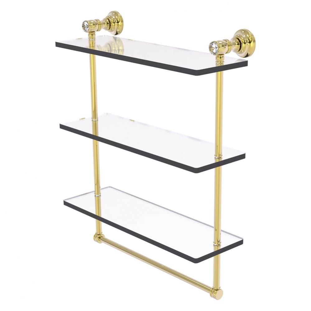Carolina Crystal Collection 16 Inch Triple Glass Shelf with Towel Bar - Unlacquered Brass