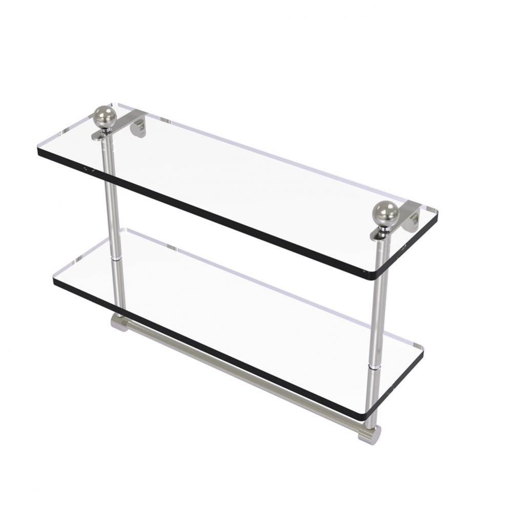 16 Inch Two Tiered Glass Shelf with Integrated Towel Bar
