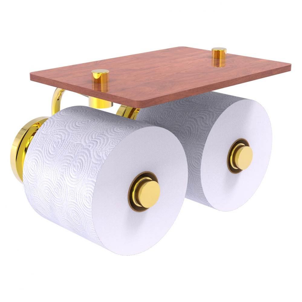 Que New Collection 2 Roll Toilet Paper Holder with Wood Shelf - Polished Brass