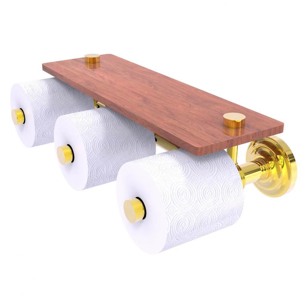 Que New Collection Horizontal Reserve 3 Roll Toilet Paper Holder with Wood Shelf - Polished Brass