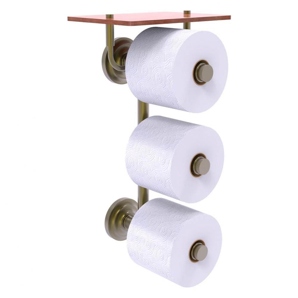 Que New Collection 3 Roll Toilet Paper Holder with Wood Shelf - Antique Brass