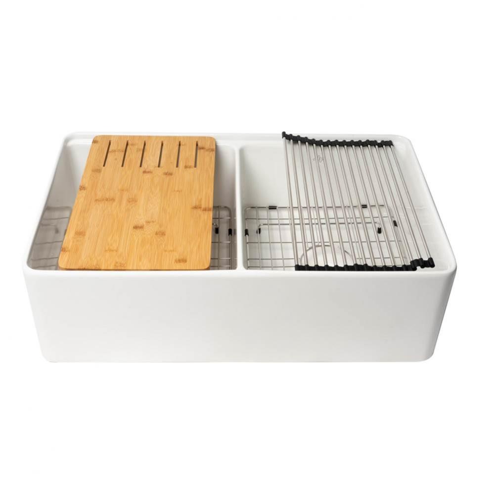 White 33'' x 20'' Workstation Double Bowl Step Rim Fireclay Farm Sink with Acc