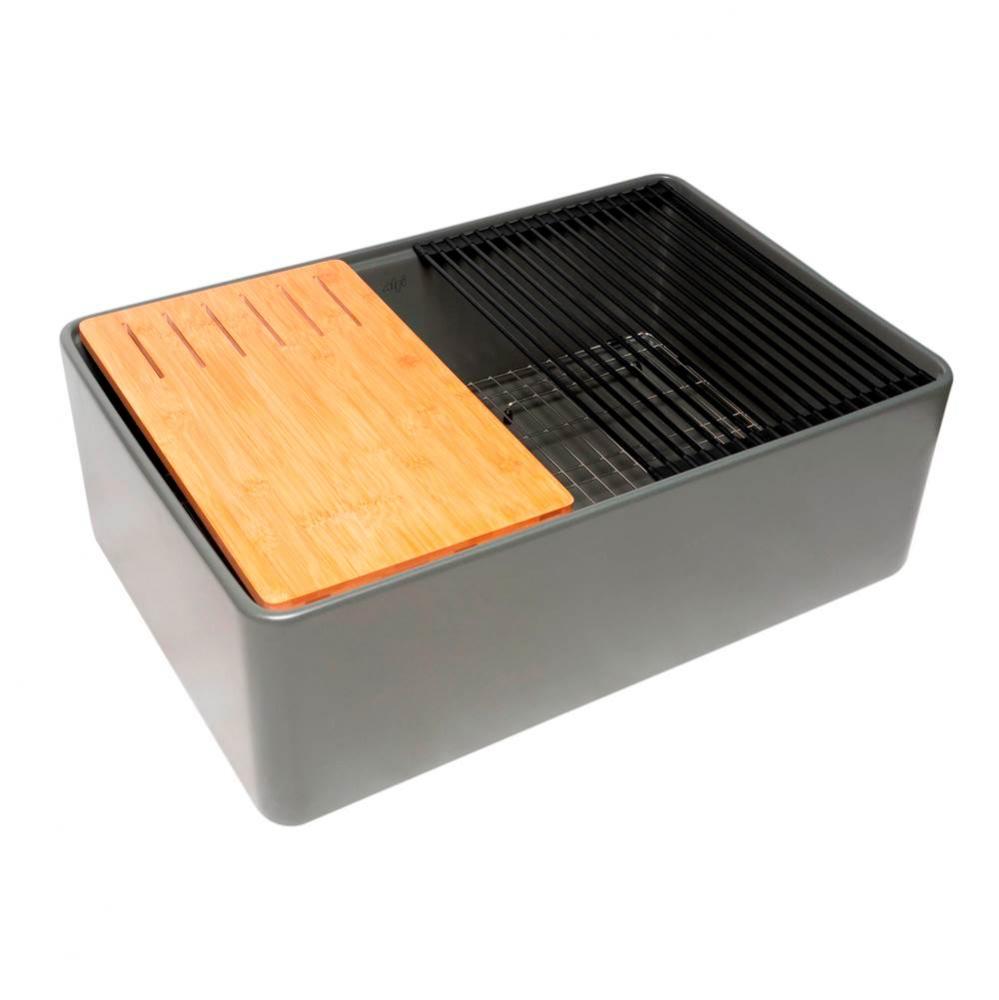 Grey Matte Workstation 30'' x 20'' Single Bowl Step Rim Fireclay Farm Sink wit