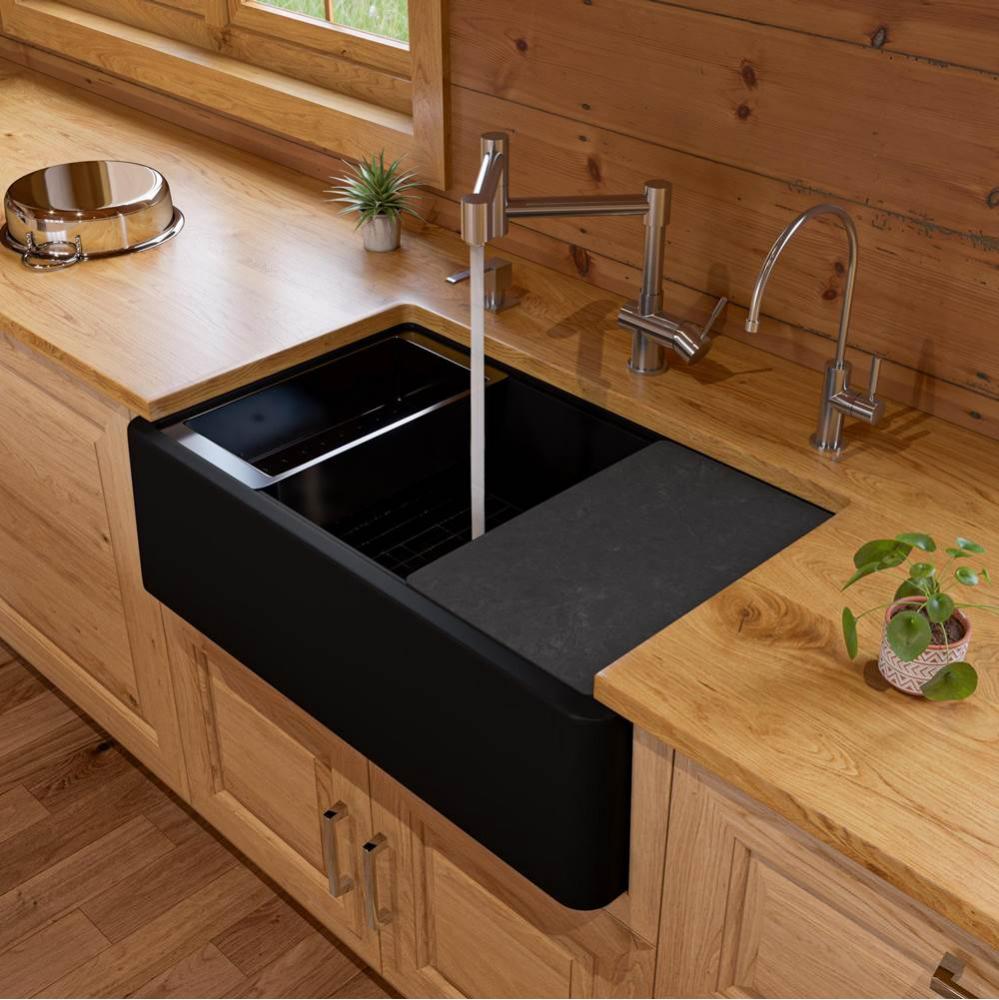 Black 33'' Granite Composite Single Bowl Drop In Farm Sink with Accessories