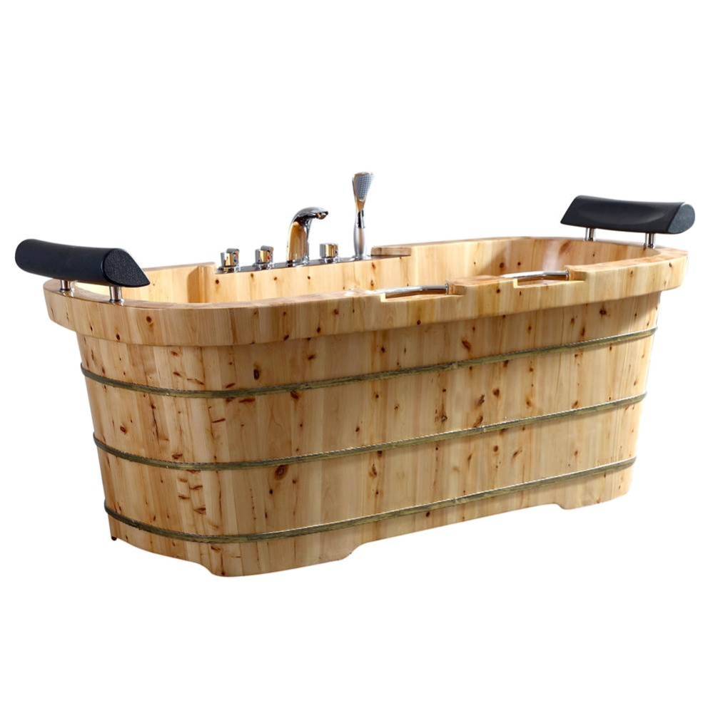 65'' 2 Person Free Standing Cedar Wooden Bathtub with Fixtures & Headrests