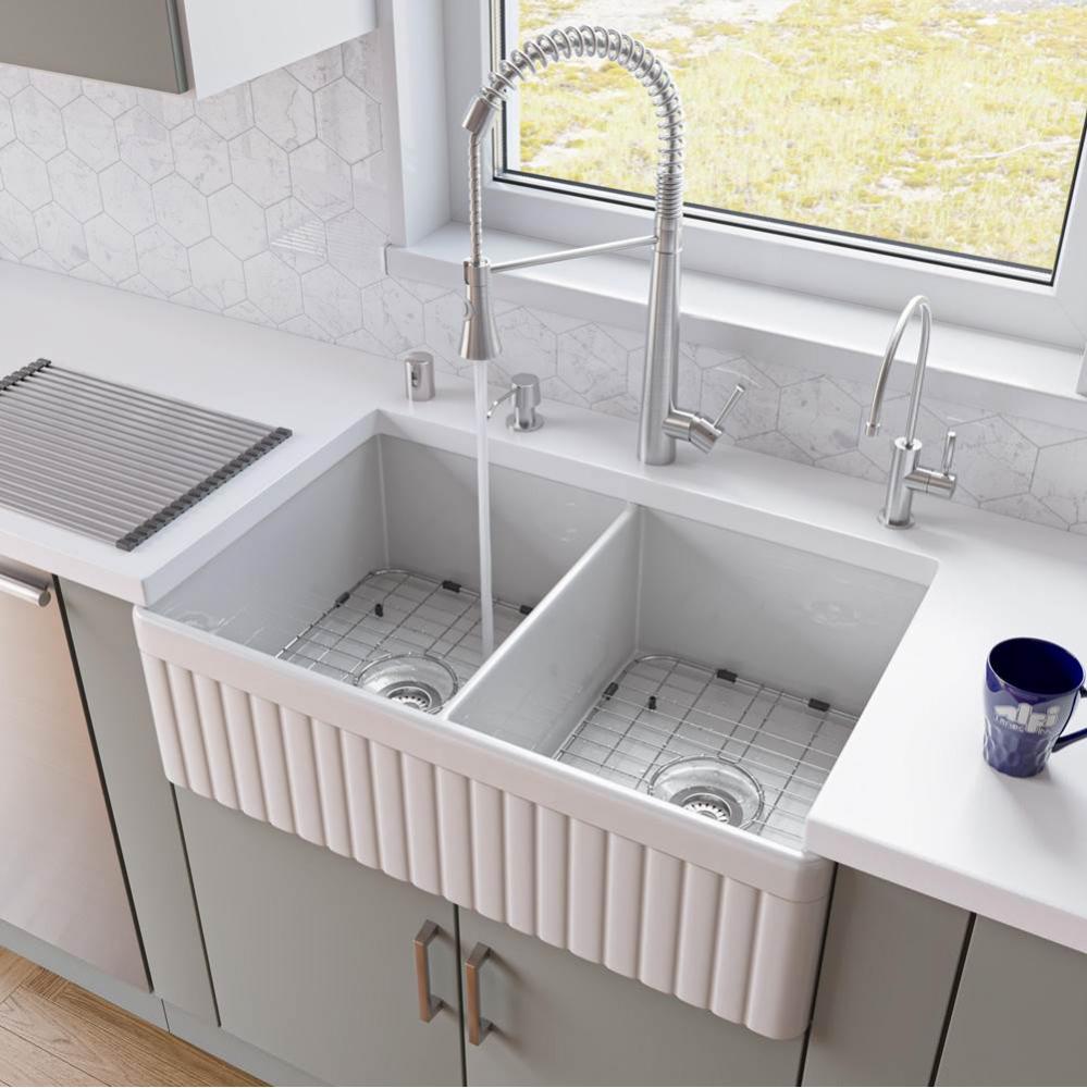 White 32'' Fluted Apron Double Bowl Fireclay Farmhouse Kitchen Sink