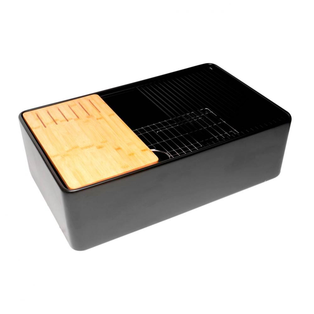 Black Matte Workstation 33'' x 20'' Single Bowl Step Rim Fireclay Farm Sink wi