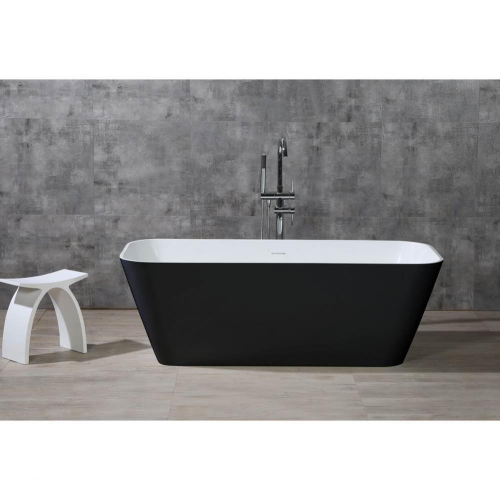 67'' Black and White Matte Rectangular Solid Surface Resin Soaking Bathtub