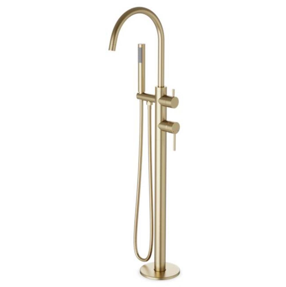 Trova Round Floor Mount Tub Filler Trim Kit with Hand Held Shower Satin Brass