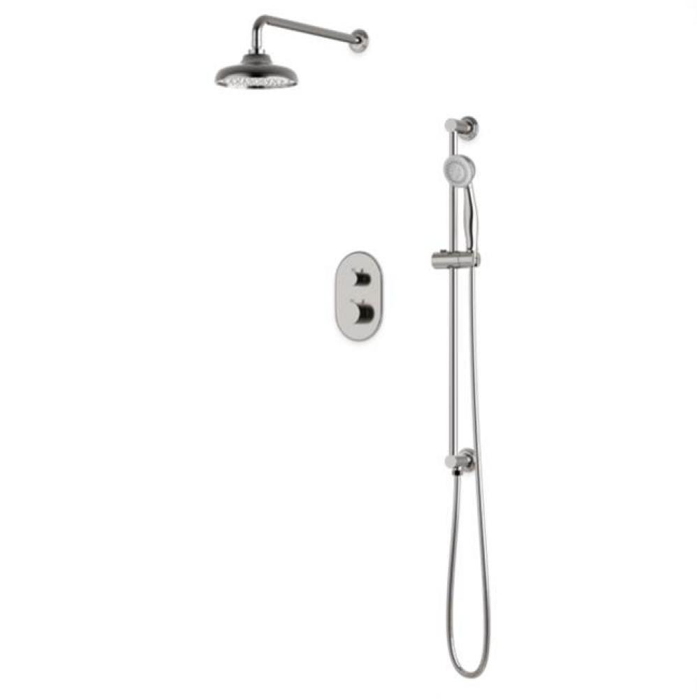 Classic Thermostatic Shower Trim Kit with Wall Mount Shower Head, Hand Held Shower on Slide Bar Br