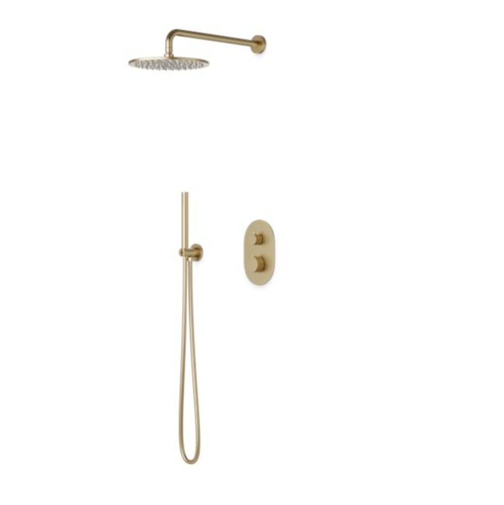 Opera Round Thermostatic Shower Trim Kit with Wall Mount Shower Head, Hand Held Shower Satin Brass