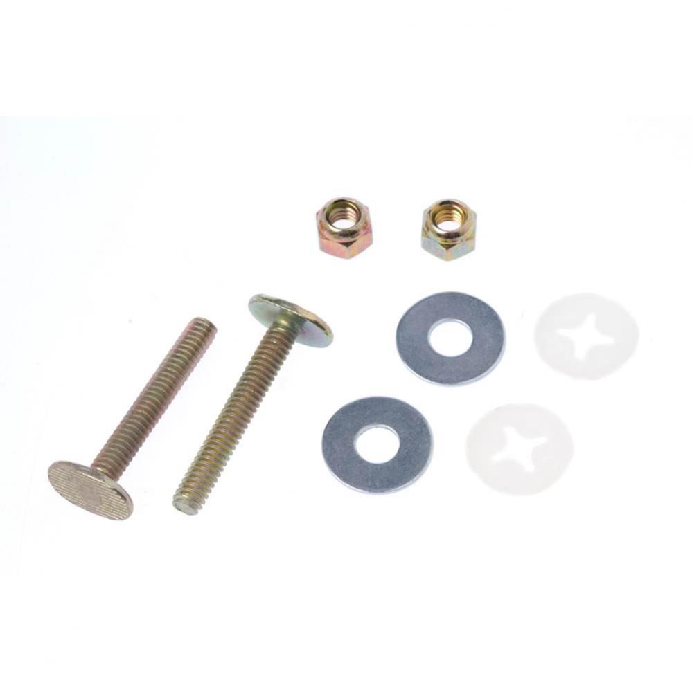Closet Bolts - Brass - Bagged (style 2) - 2 brass bolts, 2 brass plated open-end nuts, 2 brass pla