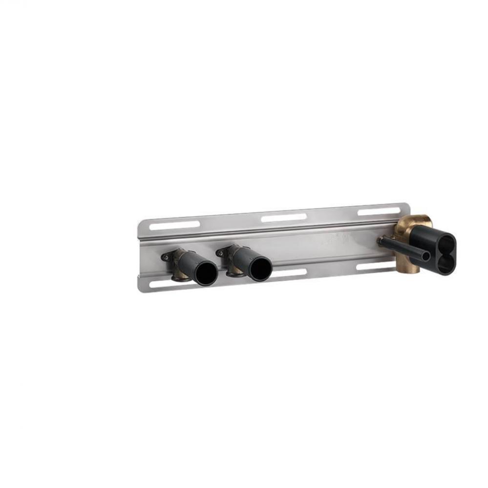 In-wall thermostatic rough valve for shelf mixer for two simultaneous functions.