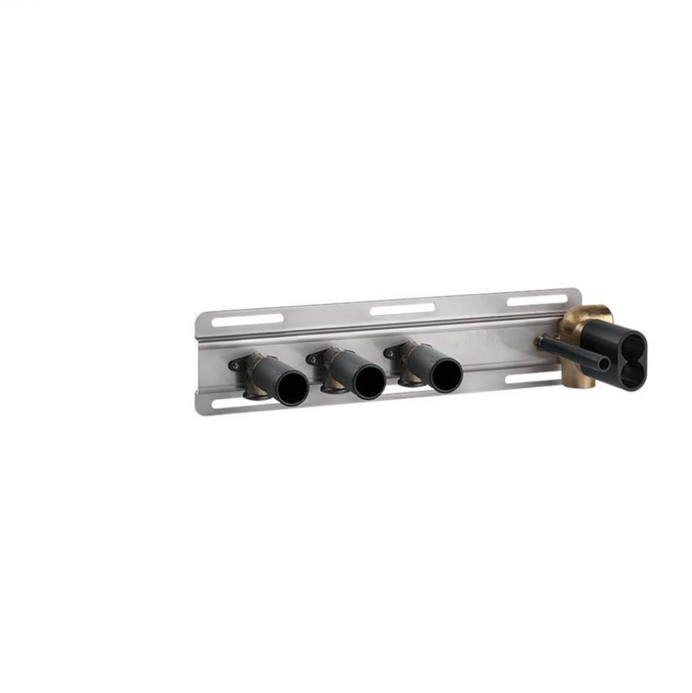 In-wall thermostatic rough valve for shelf mixer for three simultaneous functions.