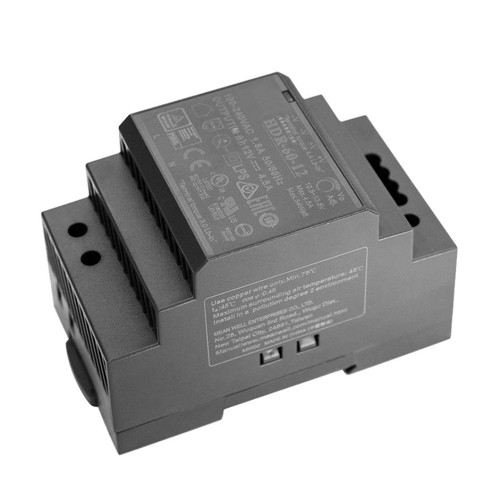 Power supply CE 30 Watt DIN Rail. Input voltage 100-240VAC. Output voltage 12VDC.