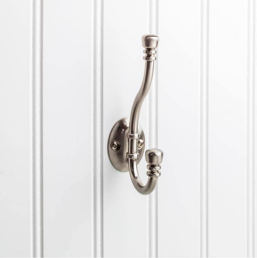 5-3/16'' Satin Nickel Ringed Contemporary Double Prong Wall Mounted Hook