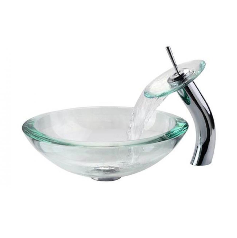 34 mm Thick Glass Vessel Sink in Clear with Waterfall Faucet in Chrome