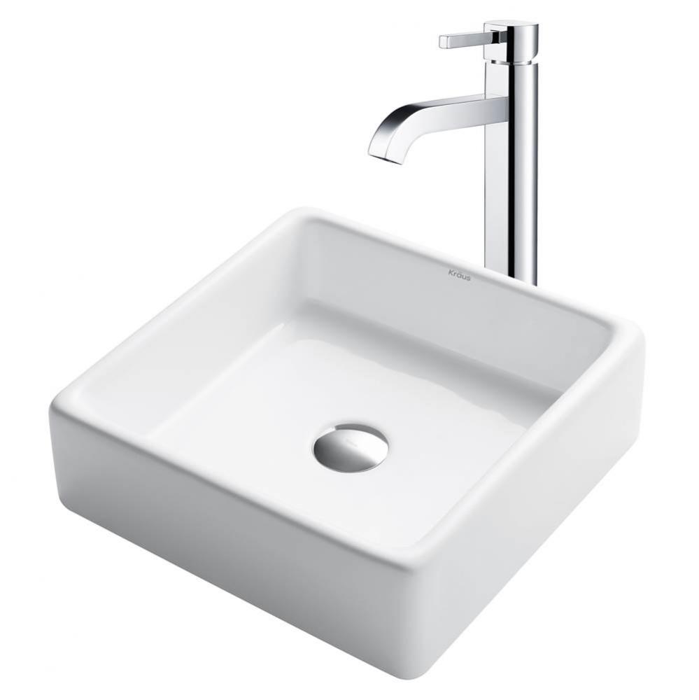 15-inch Square White Porcelain Ceramic Bathroom Vessel Sink and Ramus™ Faucet Combo Set with Pop