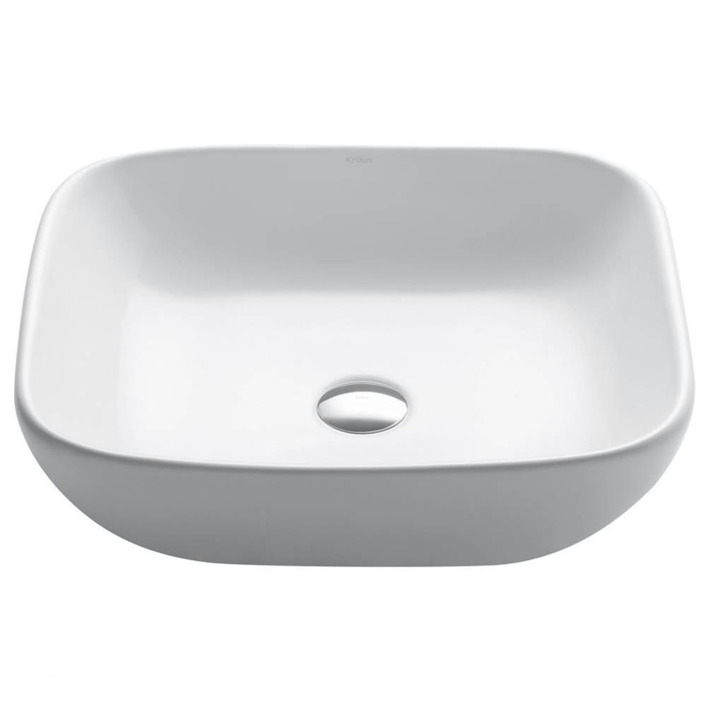 KRAUS Elavo Square Vessel White Porcelain Ceramic Bathroom Sink, 18 inch