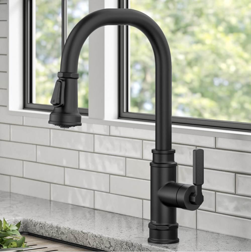 Allyn™ Transitional Industrial Pull-Down Single Handle Kitchen Faucet in Matte Black