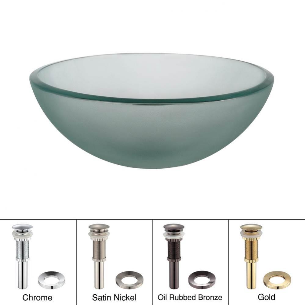 KRAUS 14 Inch Glass Vessel Sink in Frosted with Pop-Up Drain and Mounting Ring in Satin Nickel