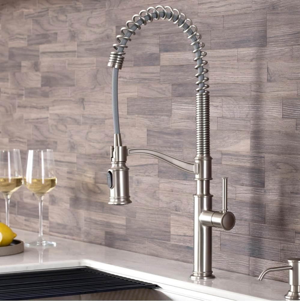Sellette™ Commercial Style Pull-Down Kitchen Faucet with Deck Plate and Soap Dispenser in Spot F