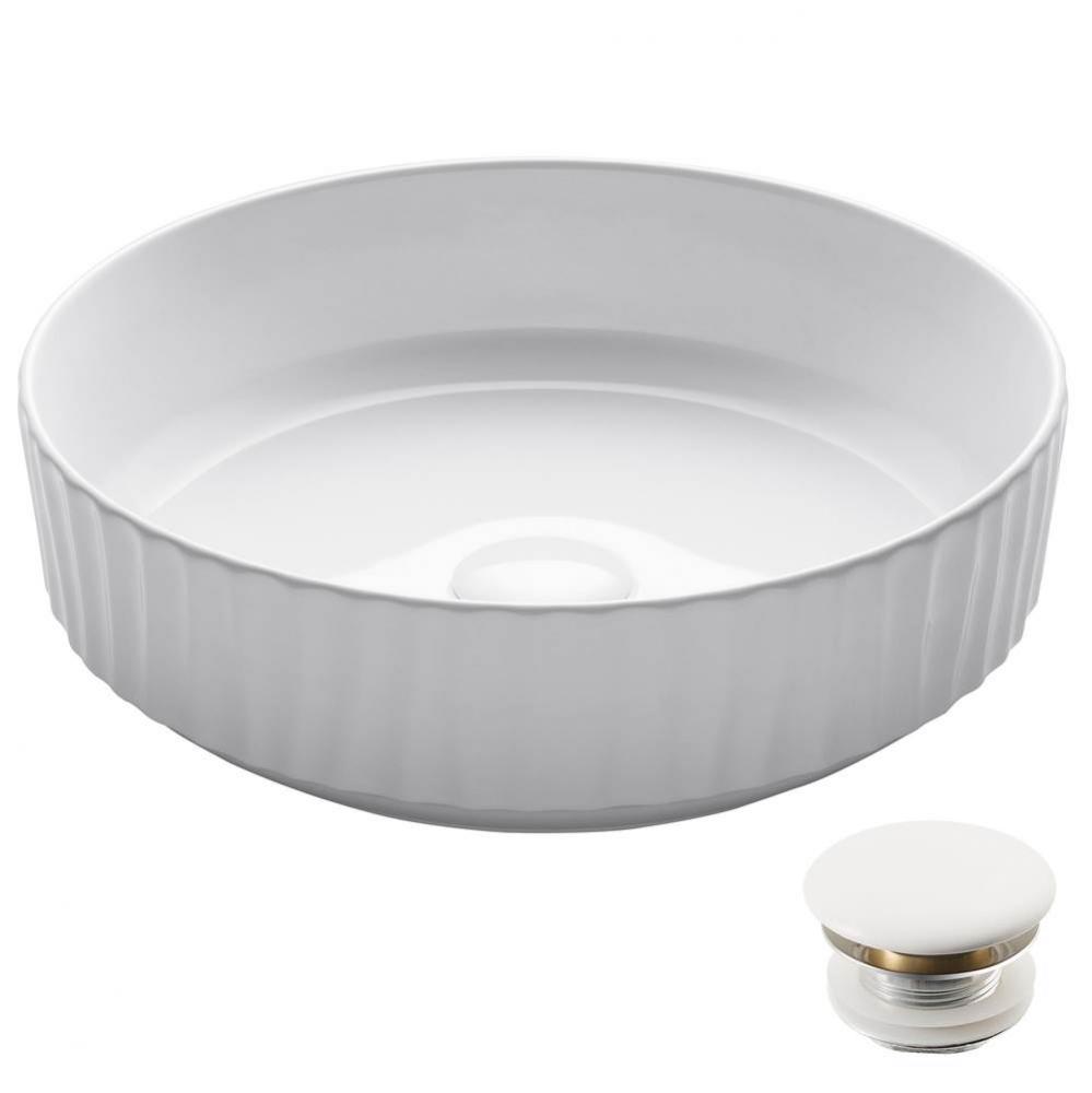 Viva™ Round White Porcelain Ceramic Vessel Bathroom Sink with Pop-Up Drain, 15 3/4 in. D x 4 3/4