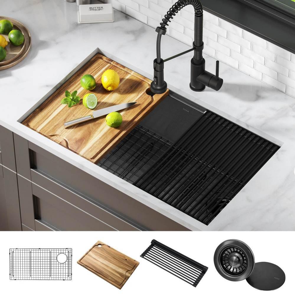 Kore™ Workstation 32” Undermount 16 Gauge Black Stainless Steel Single Bowl Kitchen Sink in PV
