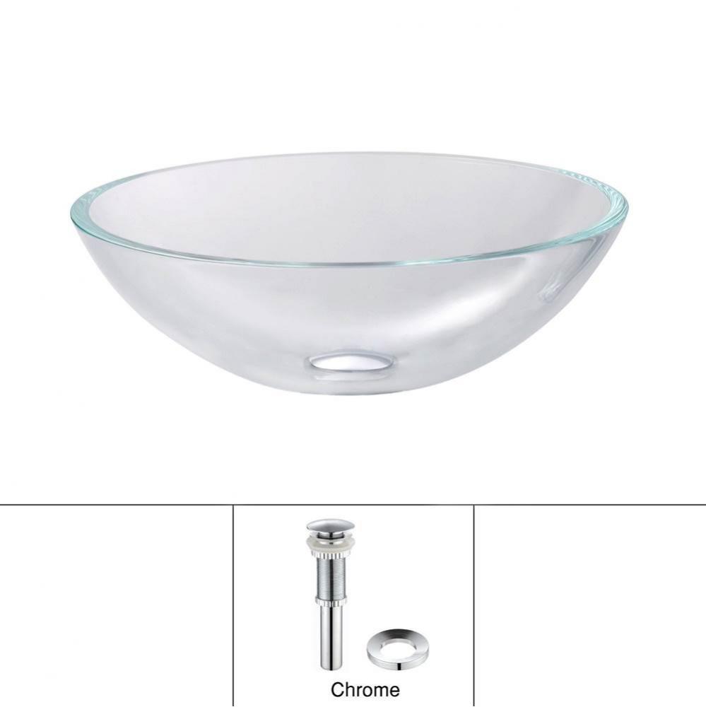 Glass Vessel Sink in Crystal Clear with Pop-Up Drain and Mounting Ring in Chrome