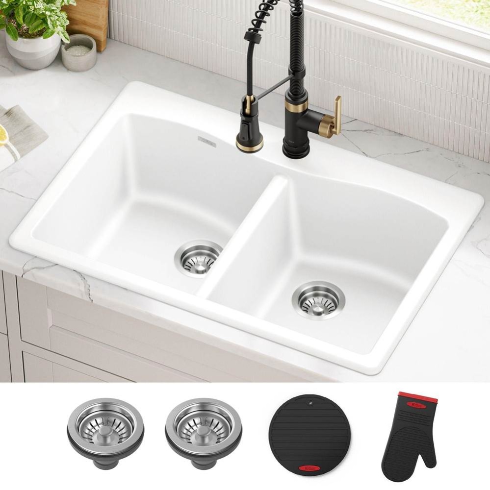 Forteza 33'' Granite Drop In / Undermount 50/50 Double Bowl White Kitchen Sink